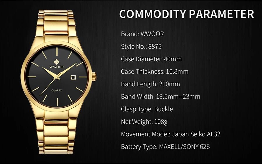 Estilo simples relógios para homens quartzo relógio de aço inoxidável wwoor relógios masculinos marca superior luxo ouro preto relógio de pulso à prova dwaterproof água