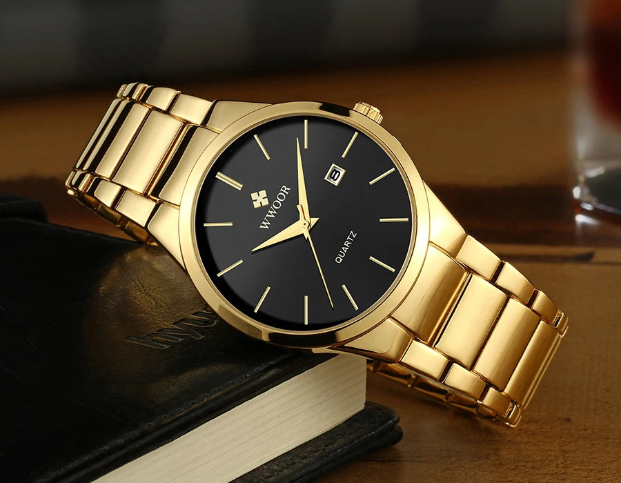 Estilo simples relógios para homens quartzo relógio de aço inoxidável wwoor relógios masculinos marca superior luxo ouro preto relógio de pulso à prova dwaterproof água