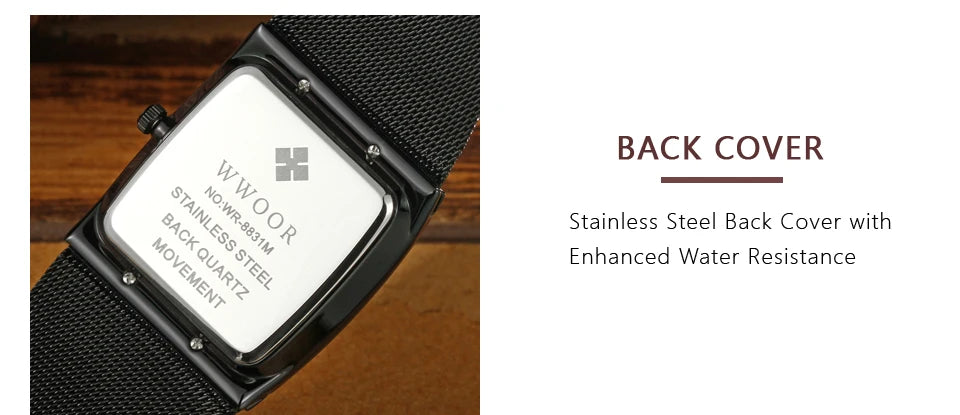 Wwoor marca superior de luxo japão movimento quartzo relógios dos homens ultra fino ouro malha aço relógio para homem quadrado à prova dwaterproof água relógio pulso