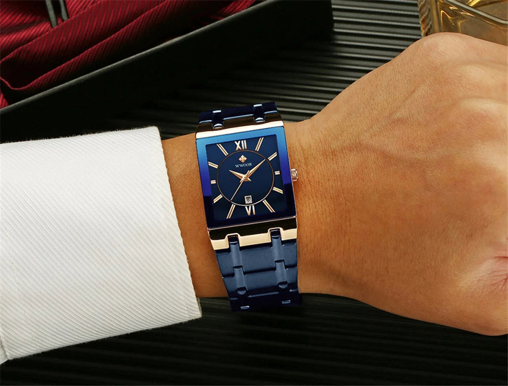 Wwoor-relógio masculino de quartzo, aço inoxidável, ouro, à prova d'água, com data quadrada, marca de luxo, para homens