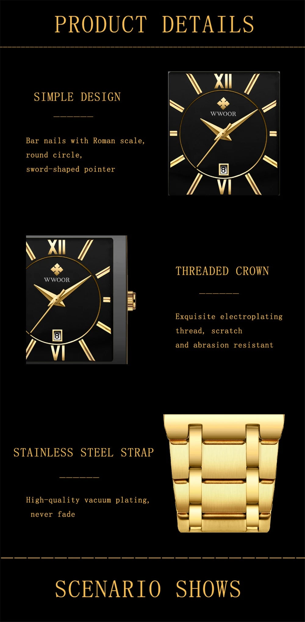 Wwoor-relógio masculino de quartzo, aço inoxidável, ouro, à prova d'água, com data quadrada, marca de luxo, para homens