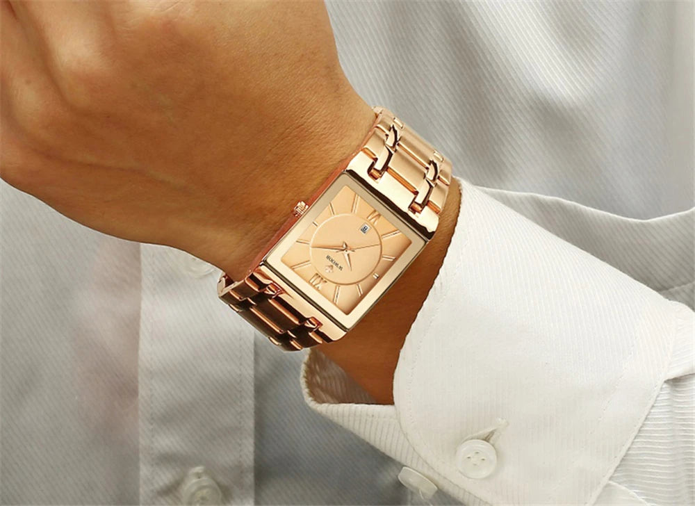 Wwoor-relógio masculino de quartzo, aço inoxidável, ouro, à prova d'água, com data quadrada, marca de luxo, para homens