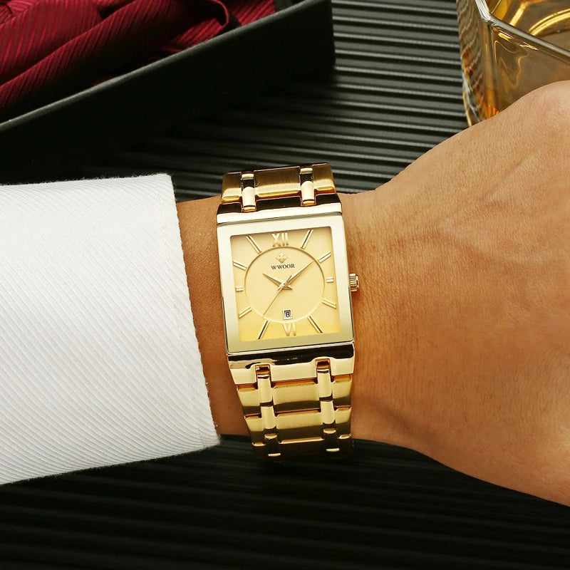 Wwoor-relógio masculino de quartzo, aço inoxidável, ouro, à prova d'água, com data quadrada, marca de luxo, para homens