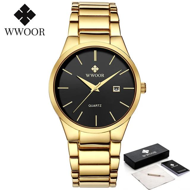 Estilo simples relógios para homens quartzo relógio de aço inoxidável wwoor relógios masculinos marca superior luxo ouro preto relógio de pulso à prova dwaterproof água