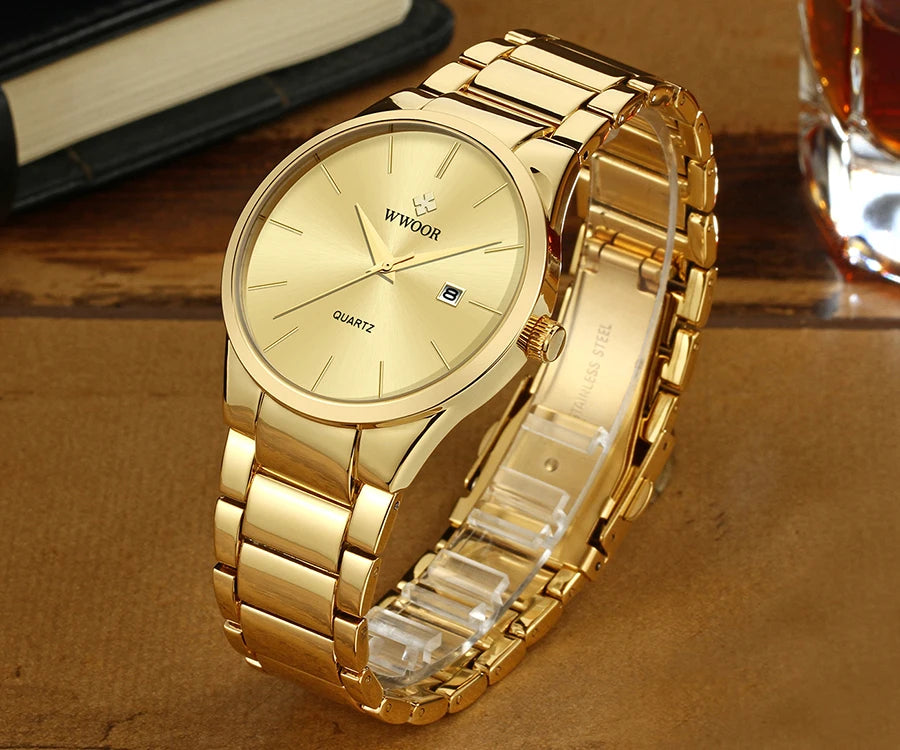 Estilo simples relógios para homens quartzo relógio de aço inoxidável wwoor relógios masculinos marca superior luxo ouro preto relógio de pulso à prova dwaterproof água