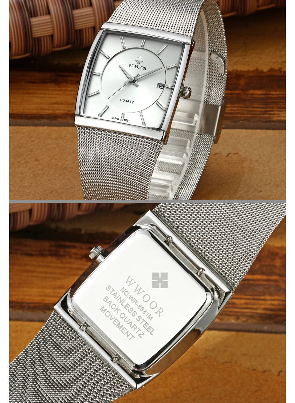Wwoor marca superior de luxo japão movimento quartzo relógios dos homens ultra fino ouro malha aço relógio para homem quadrado à prova dwaterproof água relógio pulso