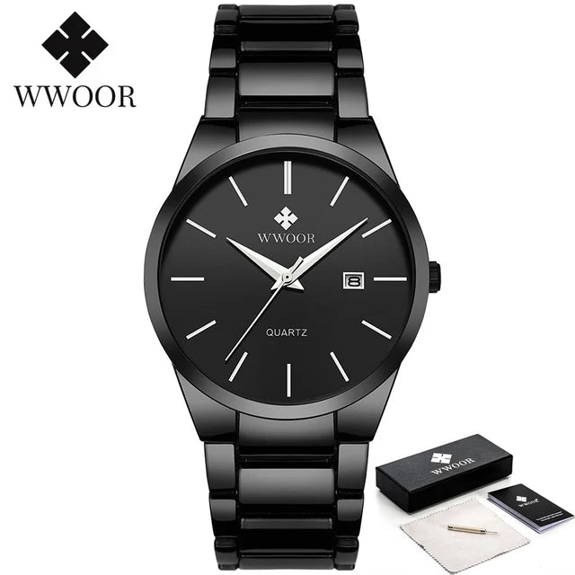 Estilo simples relógios para homens quartzo relógio de aço inoxidável wwoor relógios masculinos marca superior luxo ouro preto relógio de pulso à prova dwaterproof água