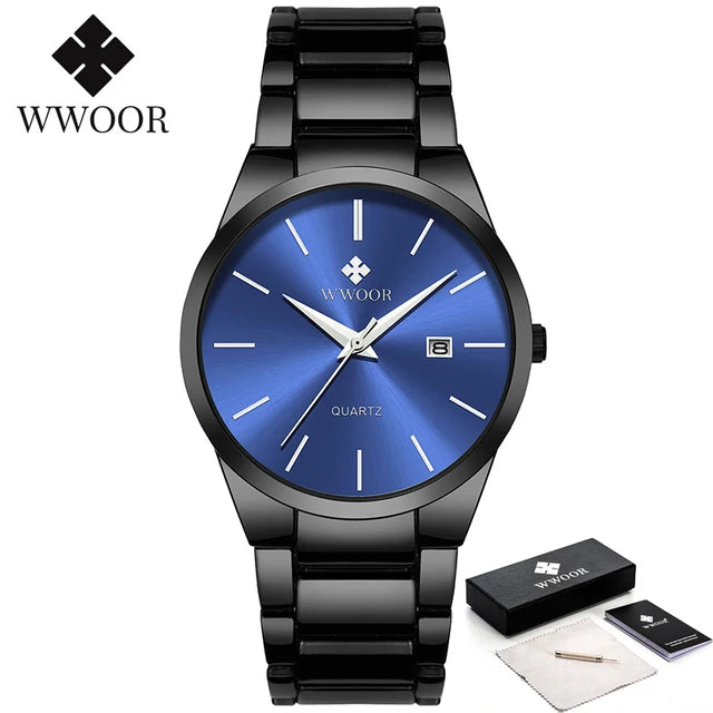 Estilo simples relógios para homens quartzo relógio de aço inoxidável wwoor relógios masculinos marca superior luxo ouro preto relógio de pulso à prova dwaterproof água