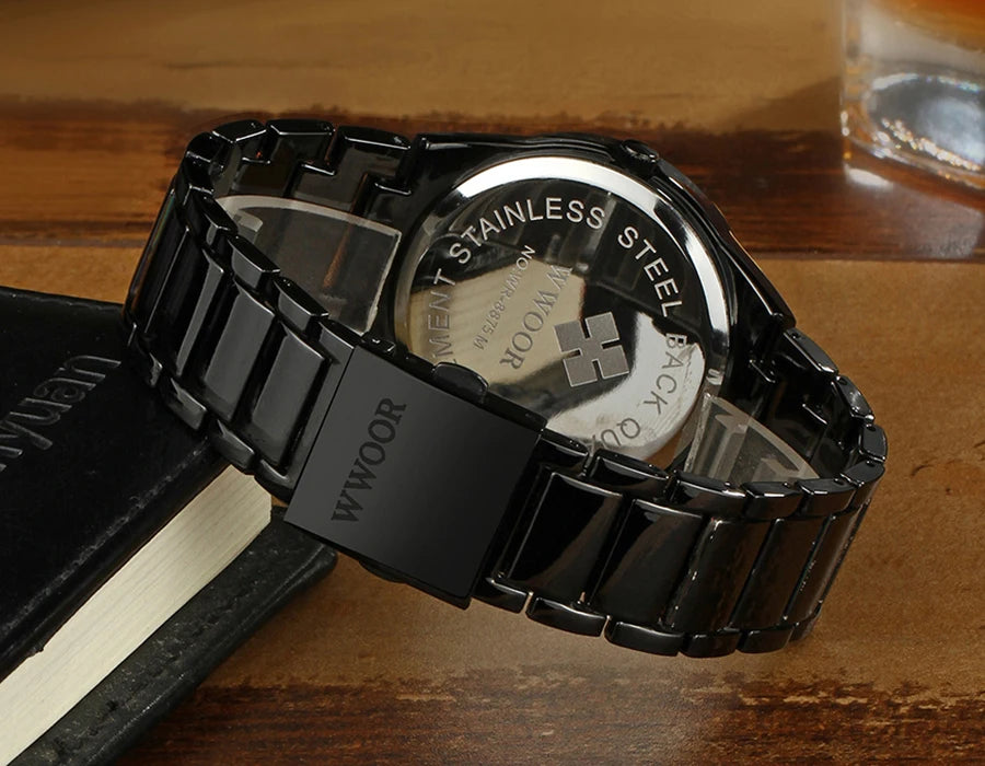 Estilo simples relógios para homens quartzo relógio de aço inoxidável wwoor relógios masculinos marca superior luxo ouro preto relógio de pulso à prova dwaterproof água