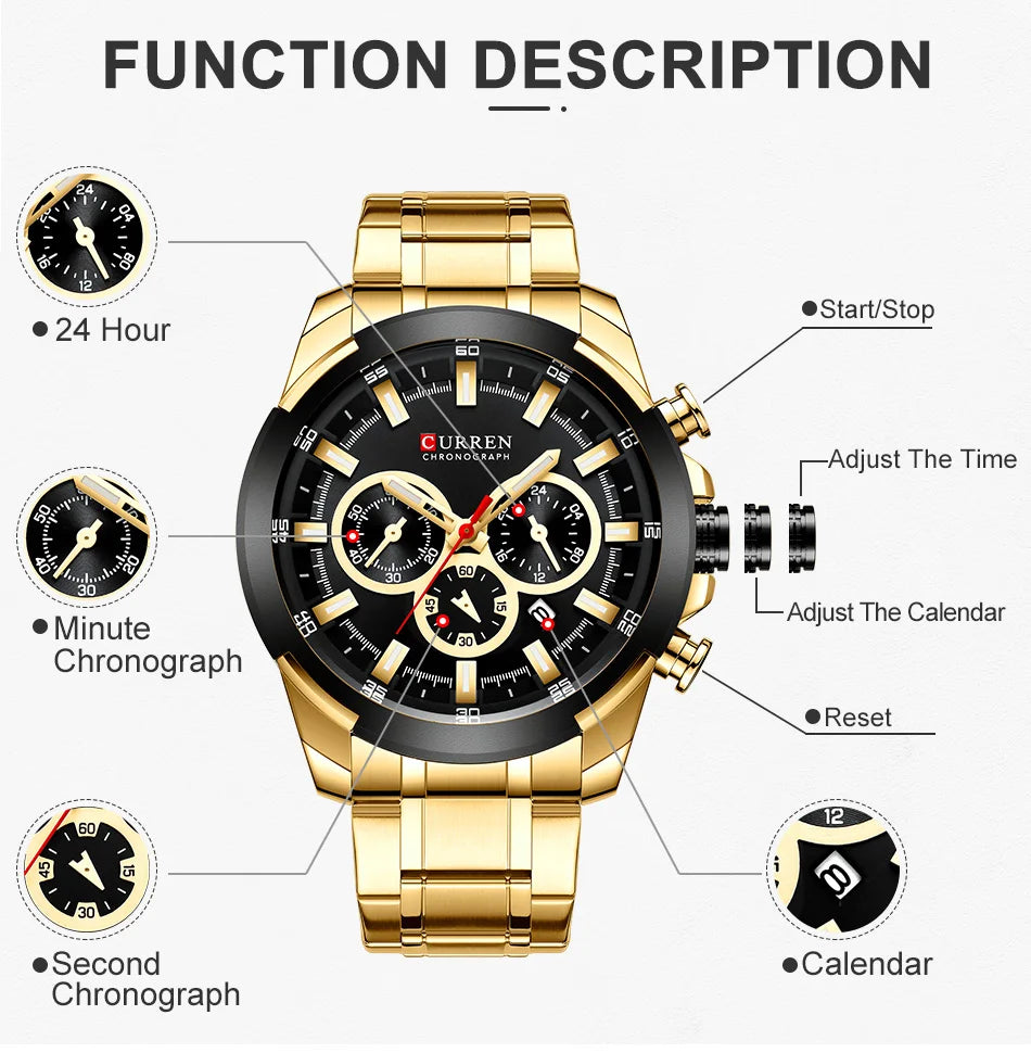 Curren relógios masculinos marca superior grande esporte relógio de luxo militar aço quartzo relógios pulso cronógrafo design ouro relógio masculino
