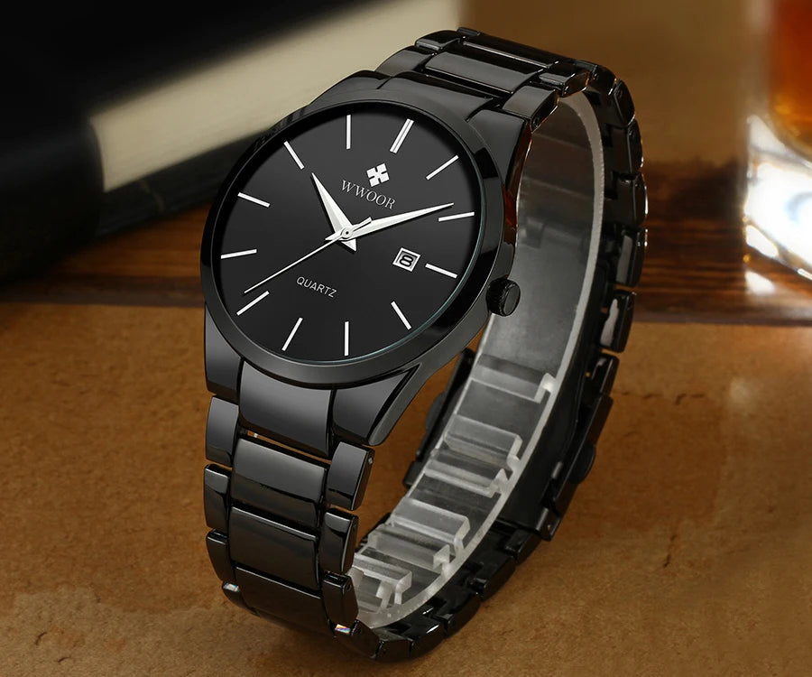 Estilo simples relógios para homens quartzo relógio de aço inoxidável wwoor relógios masculinos marca superior luxo ouro preto relógio de pulso à prova dwaterproof água