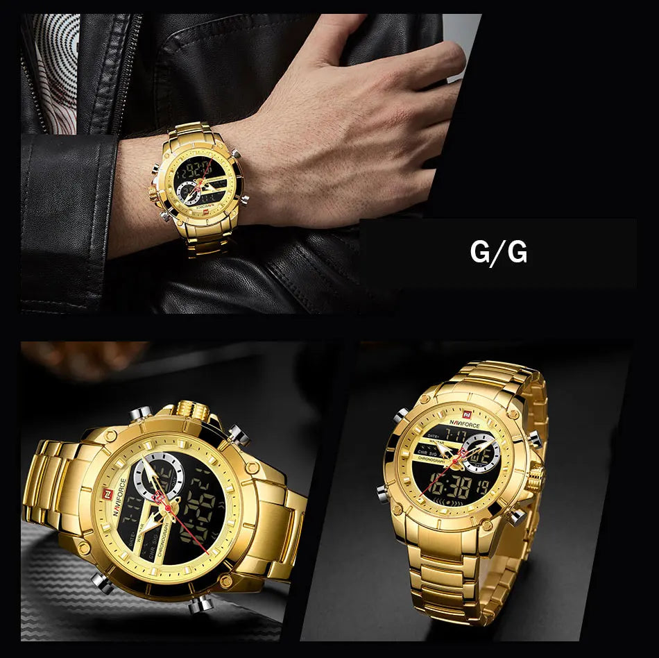 Naviforce relógios masculino militar esportes relógio de pulso alta qualidade luxo quartzo aço dupla exibição relógio masculino relogio masculino