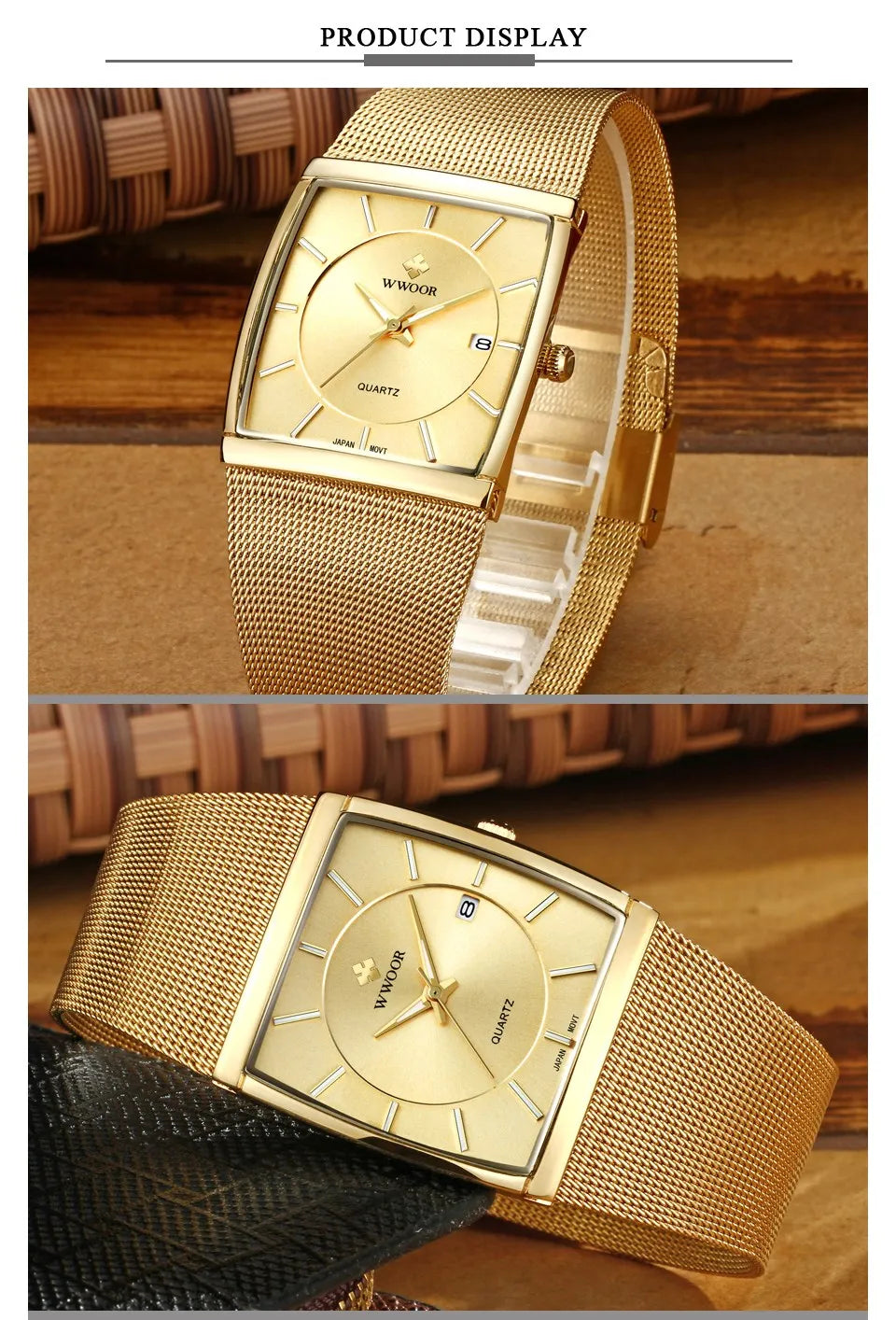 Wwoor marca superior de luxo japão movimento quartzo relógios dos homens ultra fino ouro malha aço relógio para homem quadrado à prova dwaterproof água relógio pulso