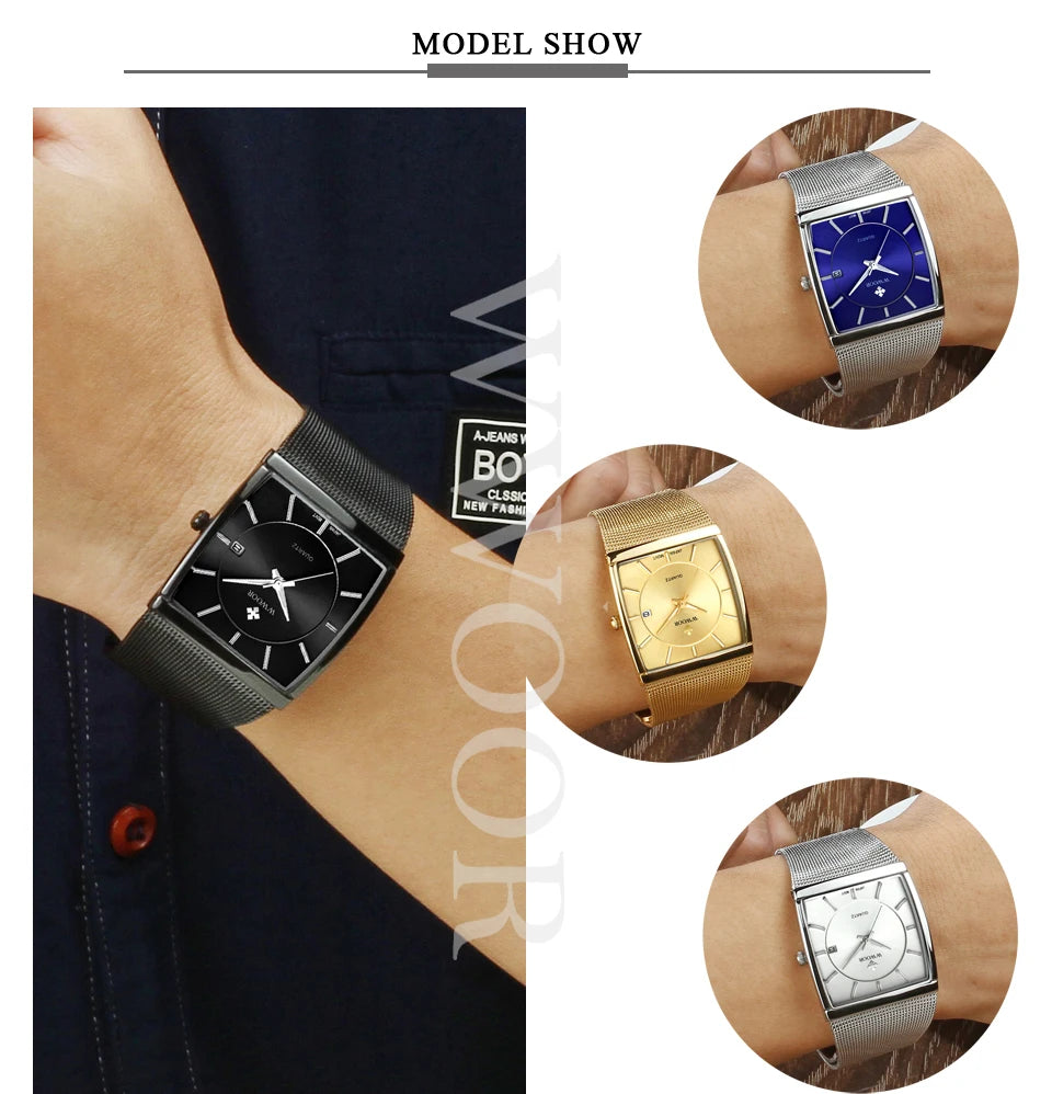Wwoor marca superior de luxo japão movimento quartzo relógios dos homens ultra fino ouro malha aço relógio para homem quadrado à prova dwaterproof água relógio pulso