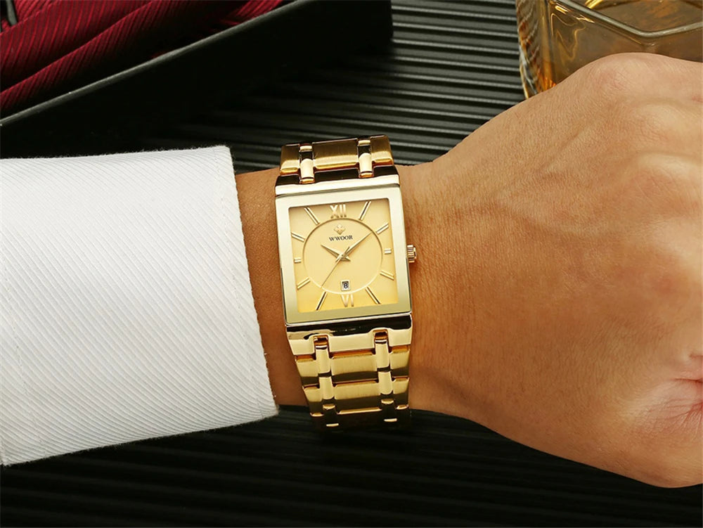 Wwoor-relógio masculino de quartzo, aço inoxidável, ouro, à prova d'água, com data quadrada, marca de luxo, para homens