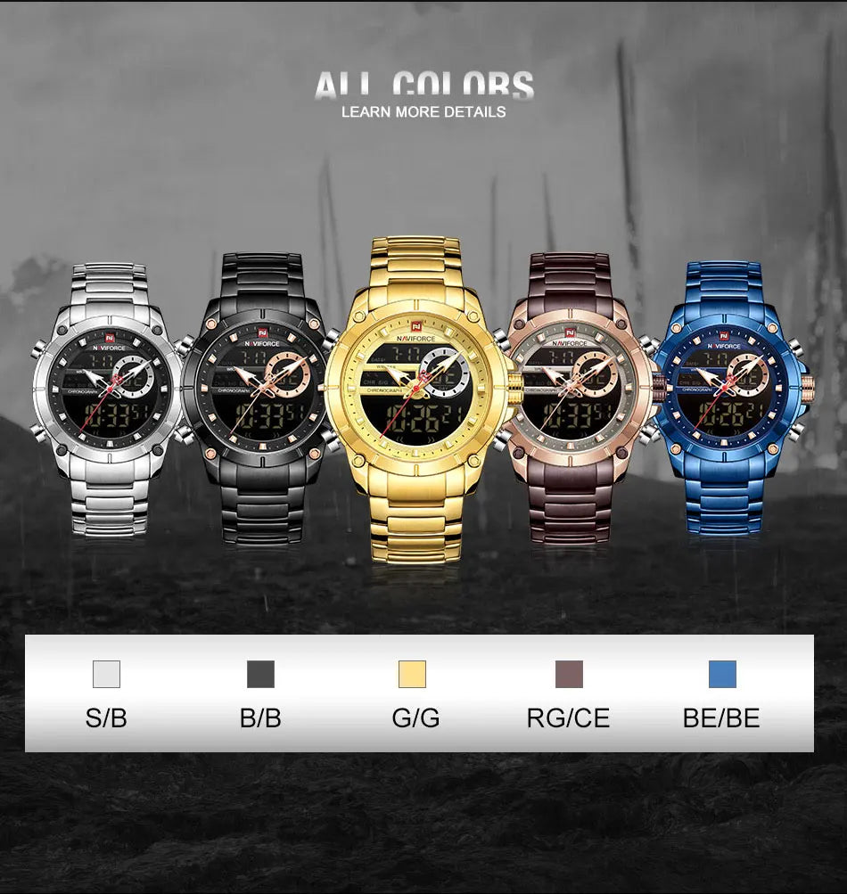 Naviforce relógios masculino militar esportes relógio de pulso alta qualidade luxo quartzo aço dupla exibição relógio masculino relogio masculino