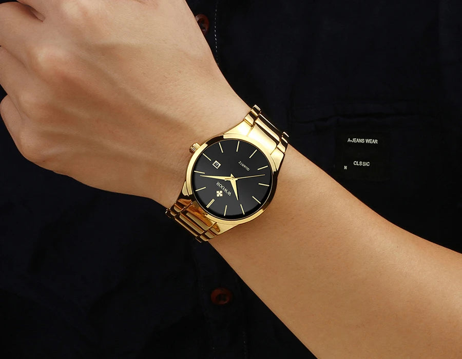 Estilo simples relógios para homens quartzo relógio de aço inoxidável wwoor relógios masculinos marca superior luxo ouro preto relógio de pulso à prova dwaterproof água