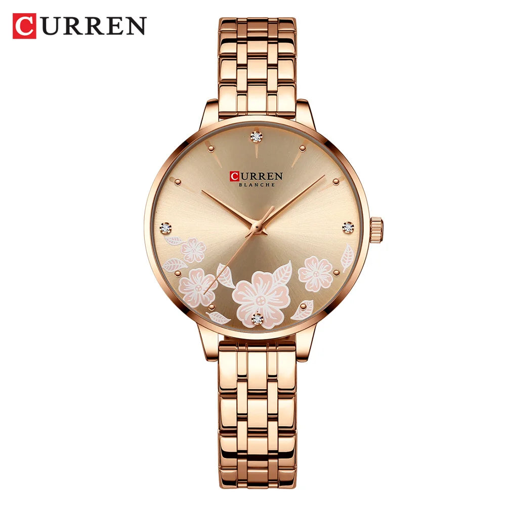 CURREN-quartzo relógios para mulheres, simples pulseira de aço inoxidável, flor Design Dial, moda