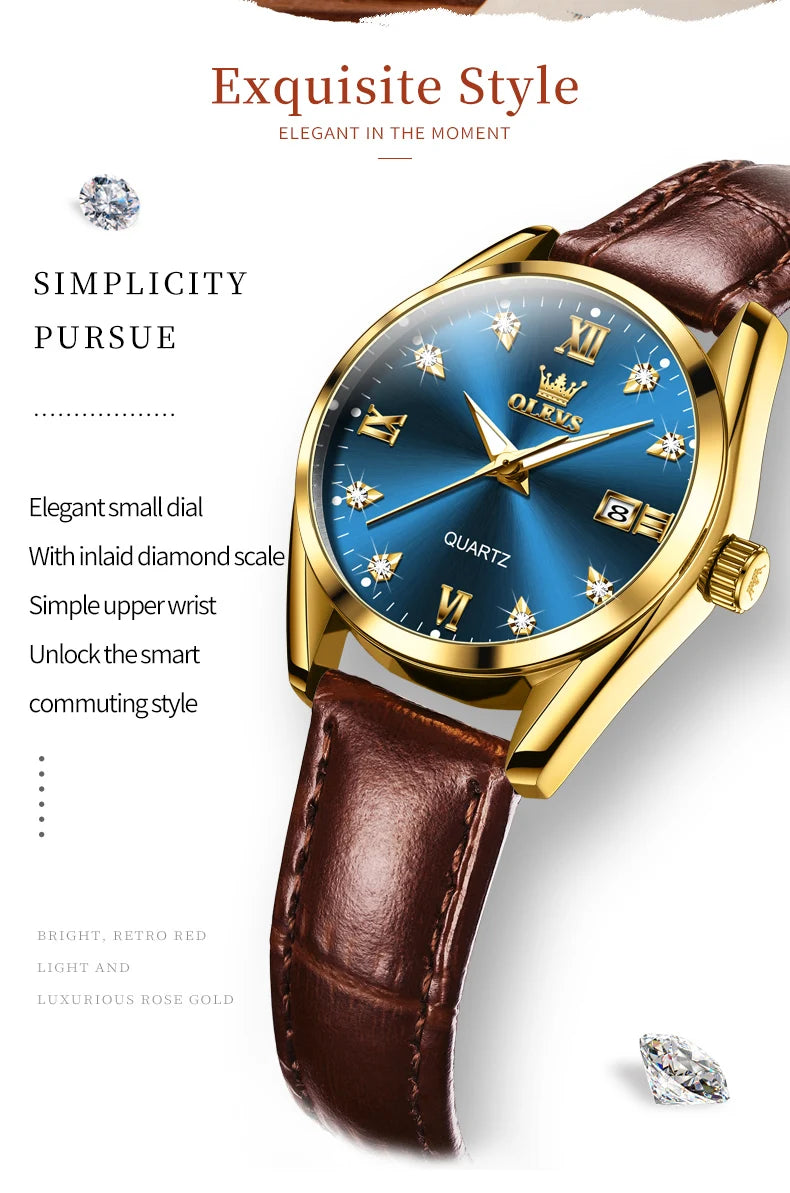 Olevs clássicos pulseira de couro relógio de quartzo para mulheres moda elegante diamante senhoras relógio à prova dwaterproof água data relógio de quartzo feminino