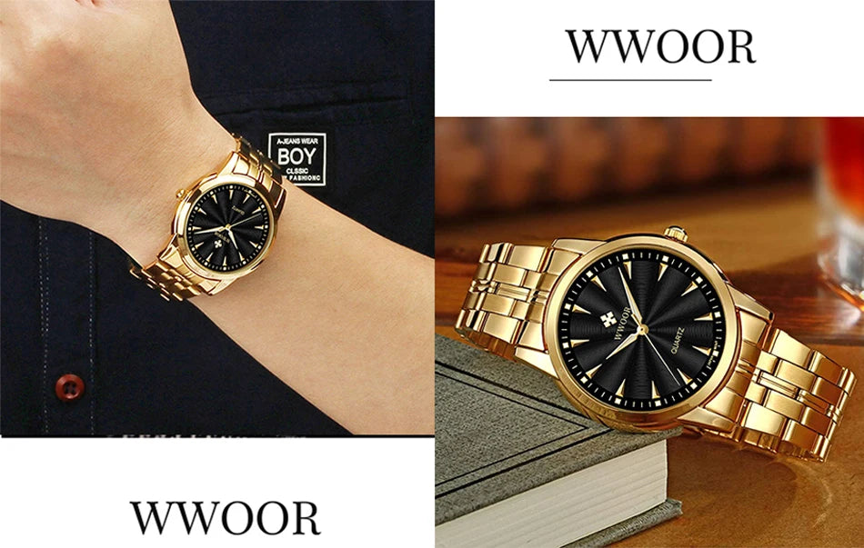 WWOOR-Relógio Masculino De Aço Inoxidável Impermeável De Luxo, Relógio De Quartzo Masculino, Relógios De Moda Casual, Original