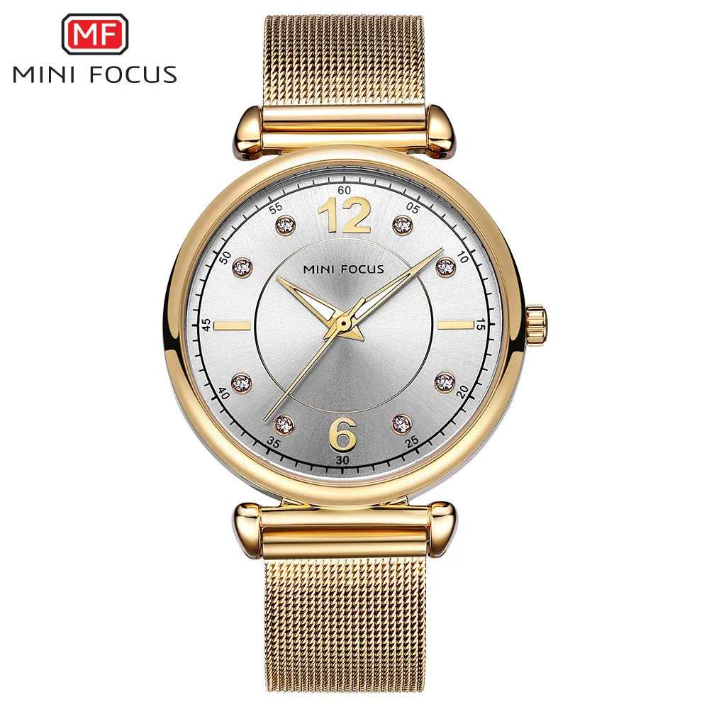 Mini foco 0177 elegante senhoras relógio de quartzo moda luminosa à prova dwaterproof água pulseira metal relógios casuais para mulher relojes de mujer