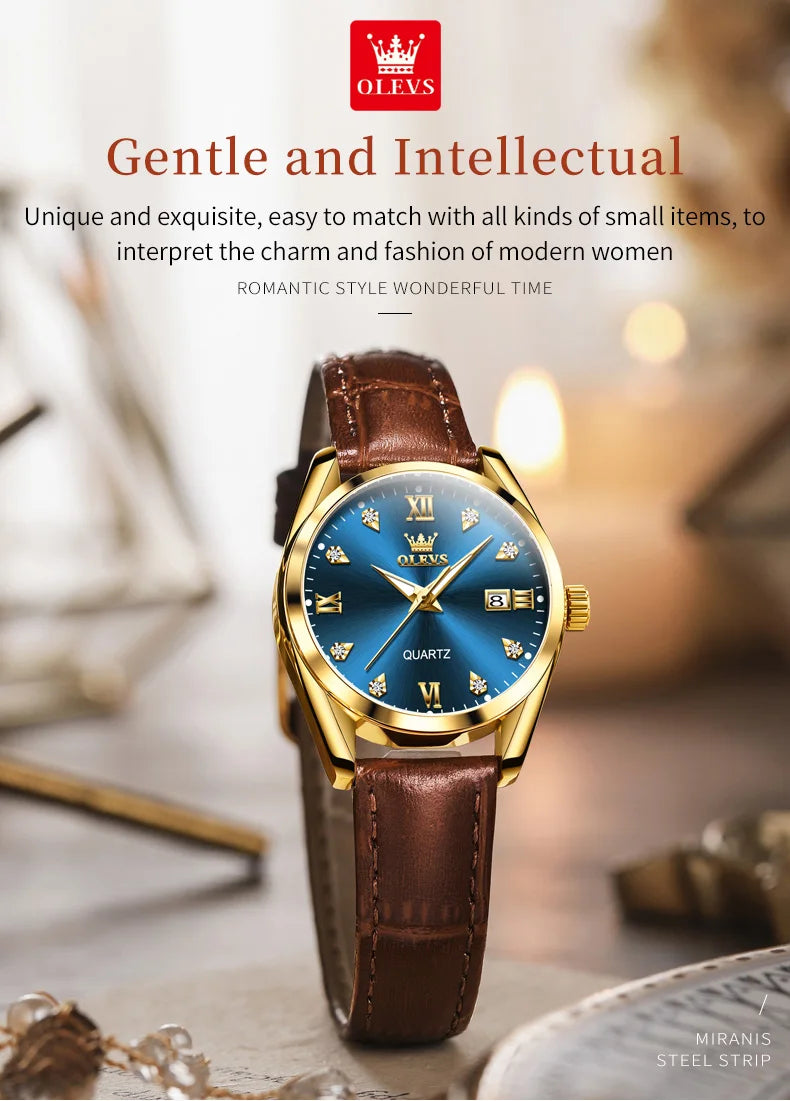 Olevs clássicos pulseira de couro relógio de quartzo para mulheres moda elegante diamante senhoras relógio à prova dwaterproof água data relógio de quartzo feminino