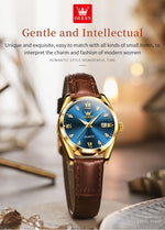 Olevs clássicos pulseira de couro relógio de quartzo para mulheres moda elegante diamante senhoras relógio à prova dwaterproof água data relógio de quartzo feminino