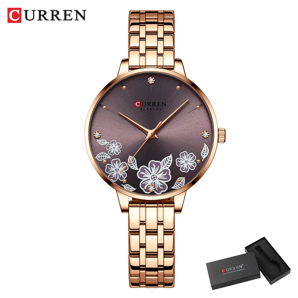 CURREN-quartzo relógios para mulheres, simples pulseira de aço inoxidável, flor Design Dial, moda