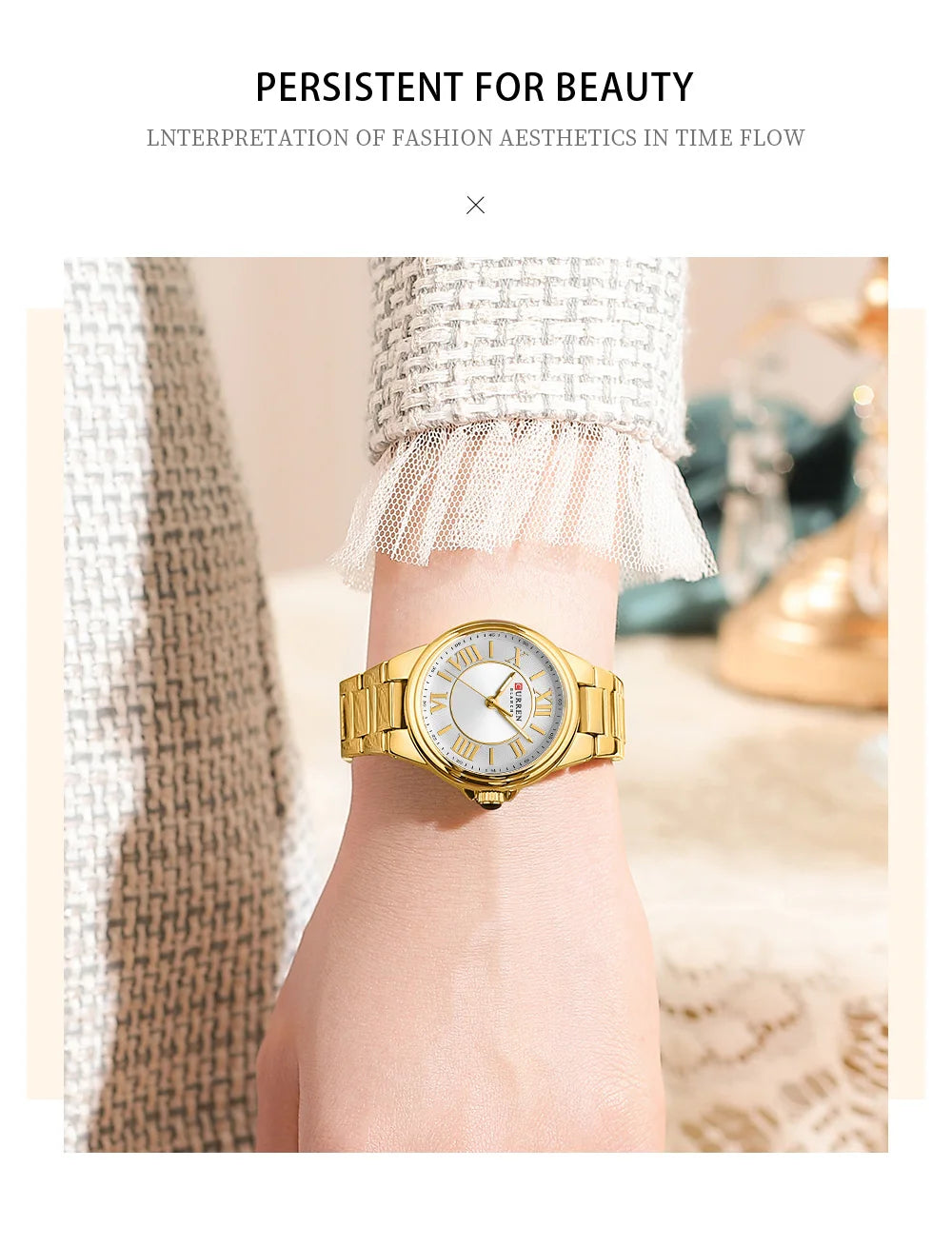 CURREN Charme Romântico Relógios de Pulso Feminino Design de Moda Relógio de Quartzo Fino com Mãos Luminosas Pulseira de Aço Inoxidável