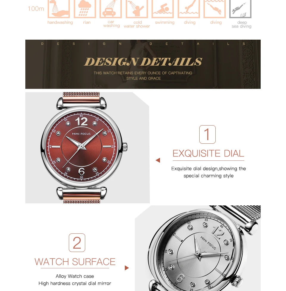 Mini foco 0177 elegante senhoras relógio de quartzo moda luminosa à prova dwaterproof água pulseira metal relógios casuais para mulher relojes de mujer