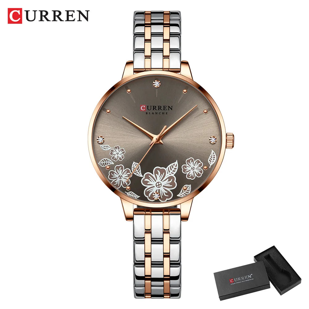 CURREN-quartzo relógios para mulheres, simples pulseira de aço inoxidável, flor Design Dial, moda
