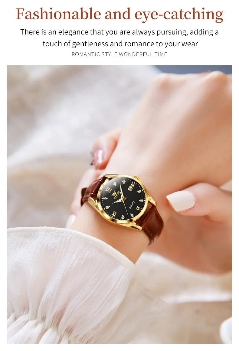 Olevs clássicos pulseira de couro relógio de quartzo para mulheres moda elegante diamante senhoras relógio à prova dwaterproof água data relógio de quartzo feminino