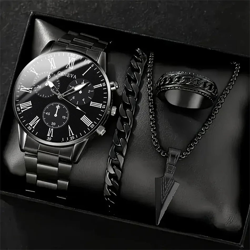 4 pçs moda masculina luxo relógio de pulso de quartzo spearhead pingente colar pulseira anel masculino negócios analógico relógios de aço inoxidável