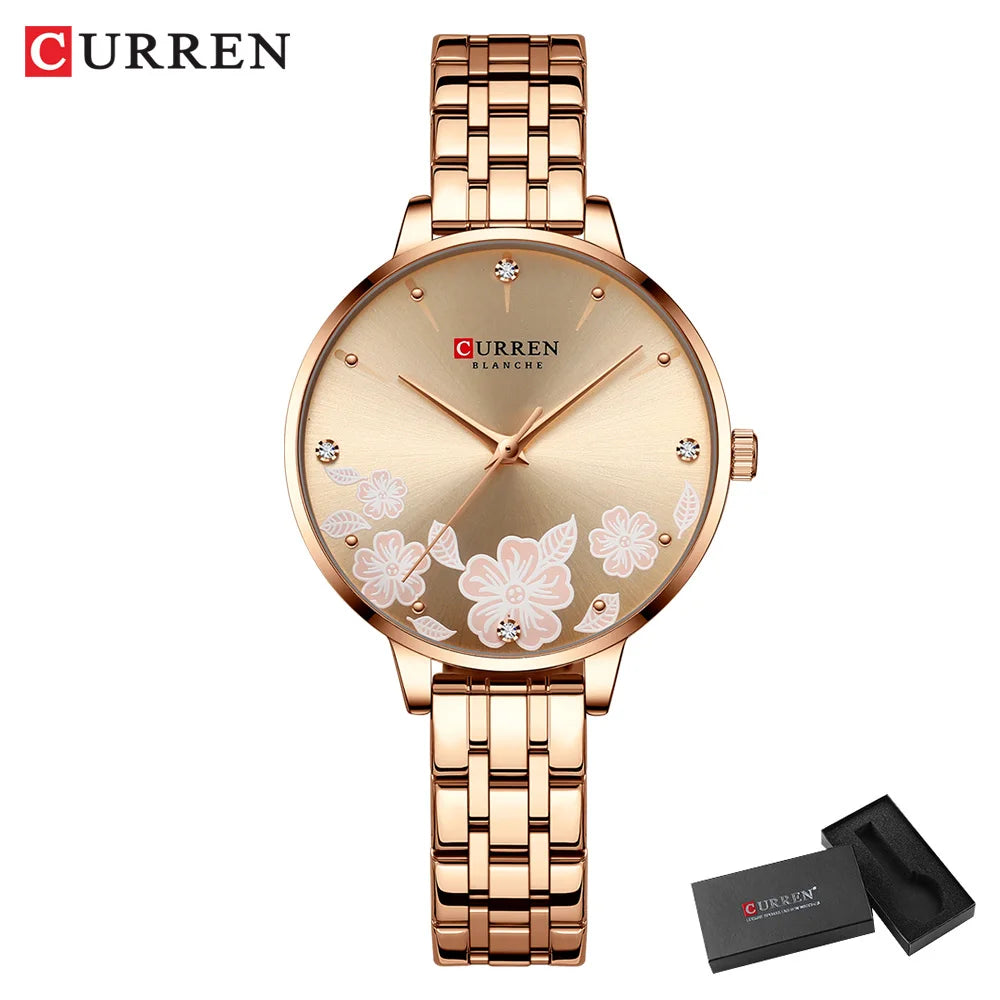 CURREN-quartzo relógios para mulheres, simples pulseira de aço inoxidável, flor Design Dial, moda