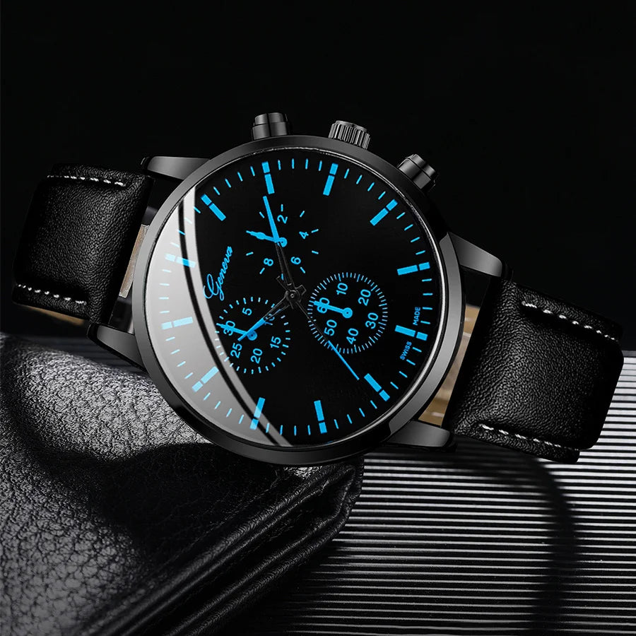 Relógios casuais de negócios masculinos, pulseira de couro, analógico, relógio de quartzo masculino, colar, conjunto de pulseiras, 3 peças