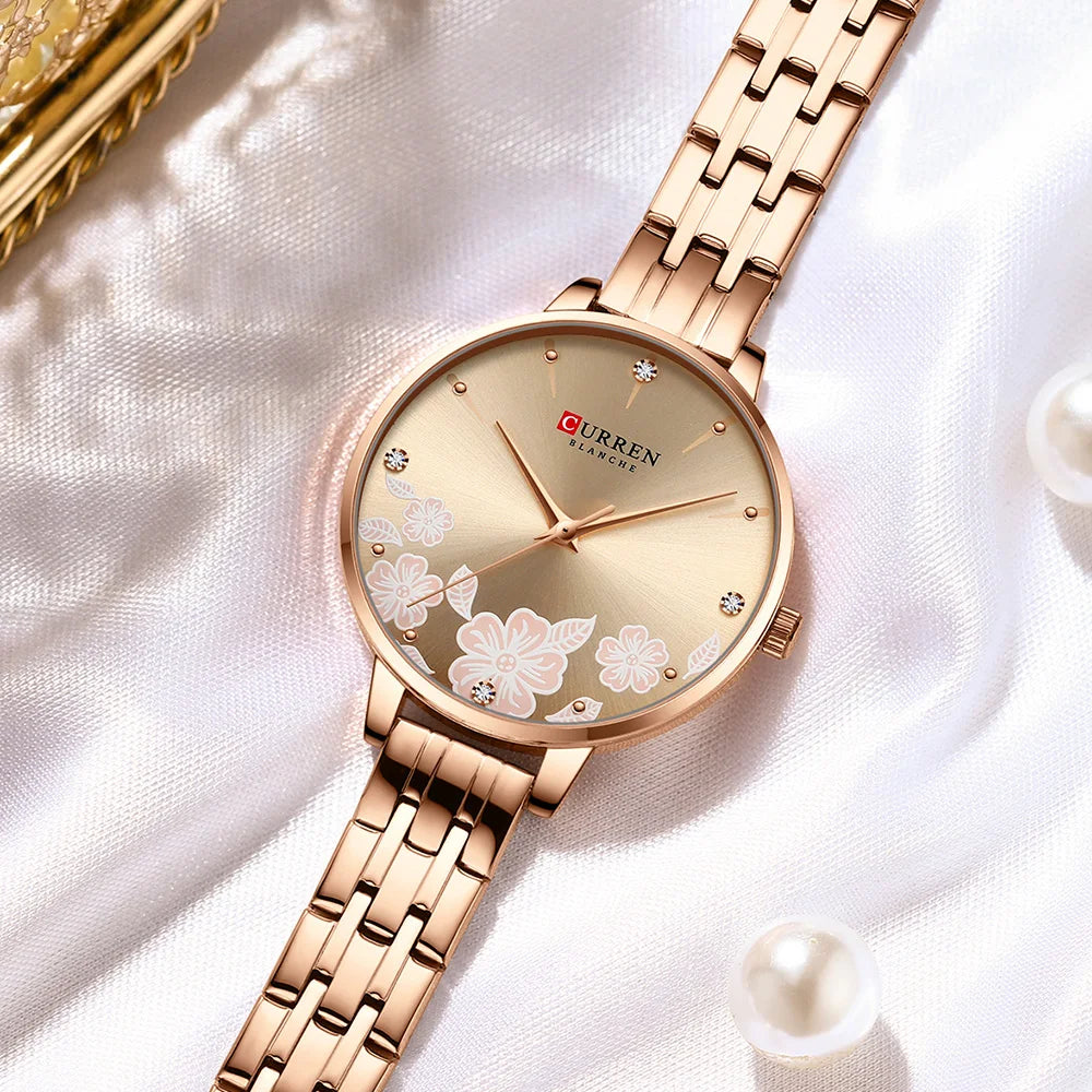 CURREN-quartzo relógios para mulheres, simples pulseira de aço inoxidável, flor Design Dial, moda