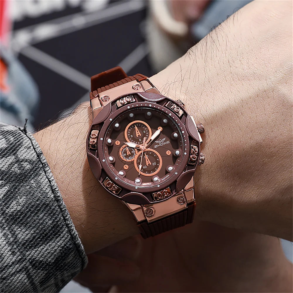 Relógios desportivos para homem 2025 Novo design de luneta tripla Relógio de quartzo Silicone militar castanho Relógio para homem