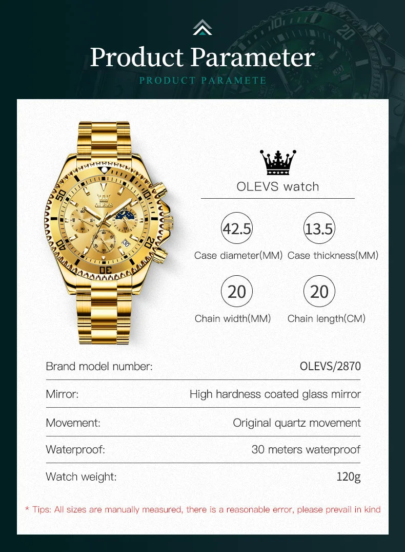 Olevs 2870 relógio masculino 42.5mm grande mostrador cronógrafo fase da lua relógios esportivos à prova dwaterproof água moda original relógio de quartzo para homem 2025