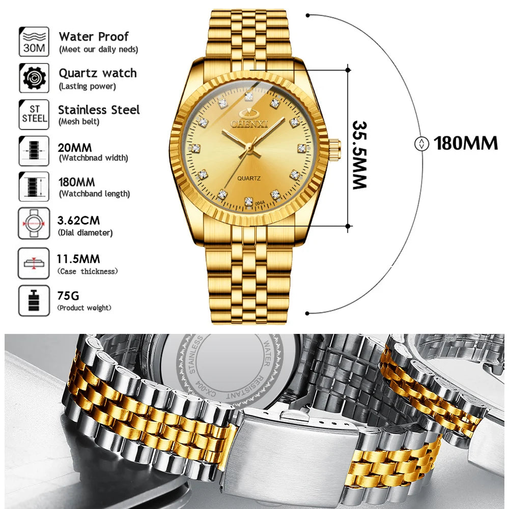 CHENXI-Relógio quartzo dourado masculino, strass, pulseira de aço inoxidável, impermeável, relógios de pulso empresariais para homens, várias cores, moda