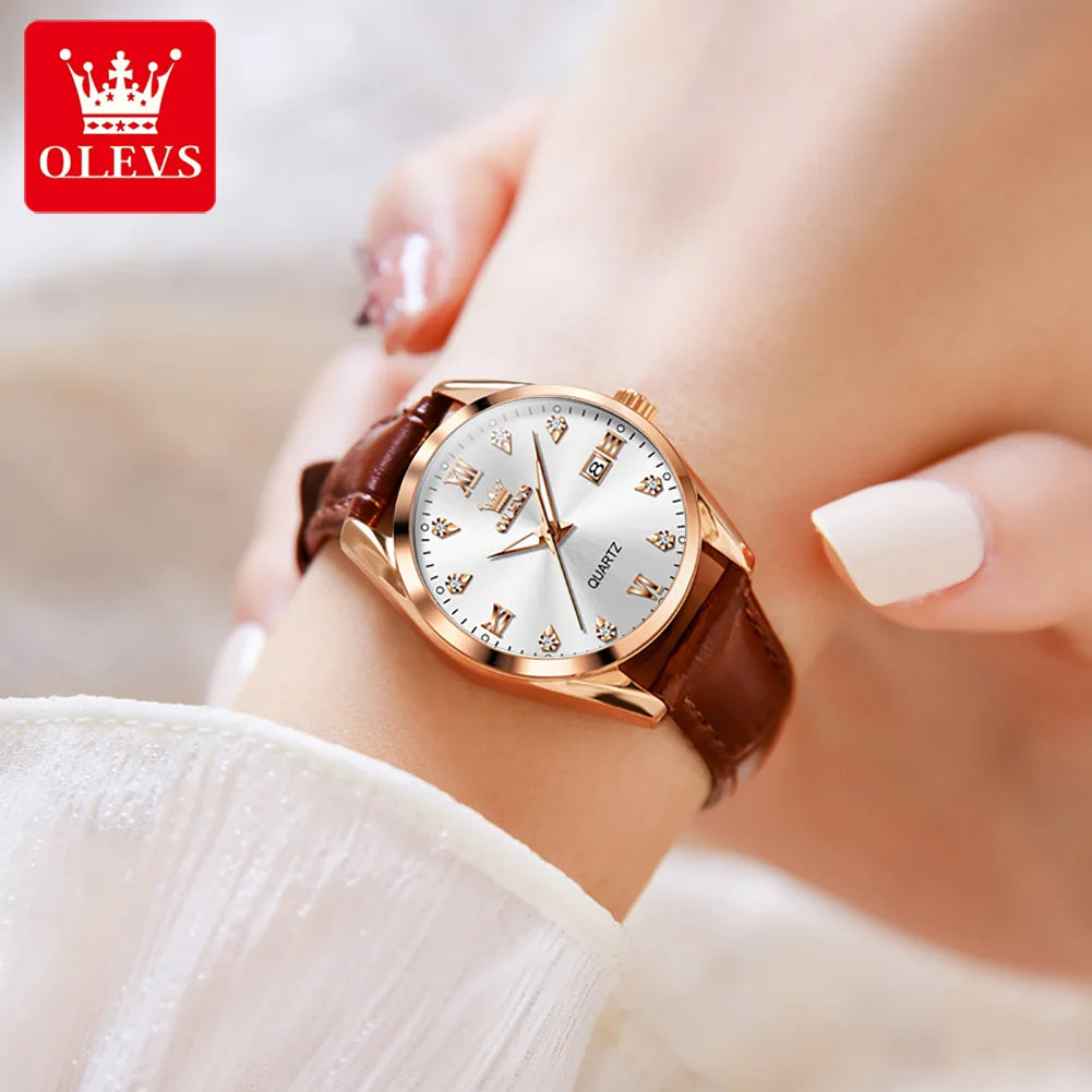 Olevs clássicos pulseira de couro relógio de quartzo para mulheres moda elegante diamante senhoras relógio à prova dwaterproof água data relógio de quartzo feminino