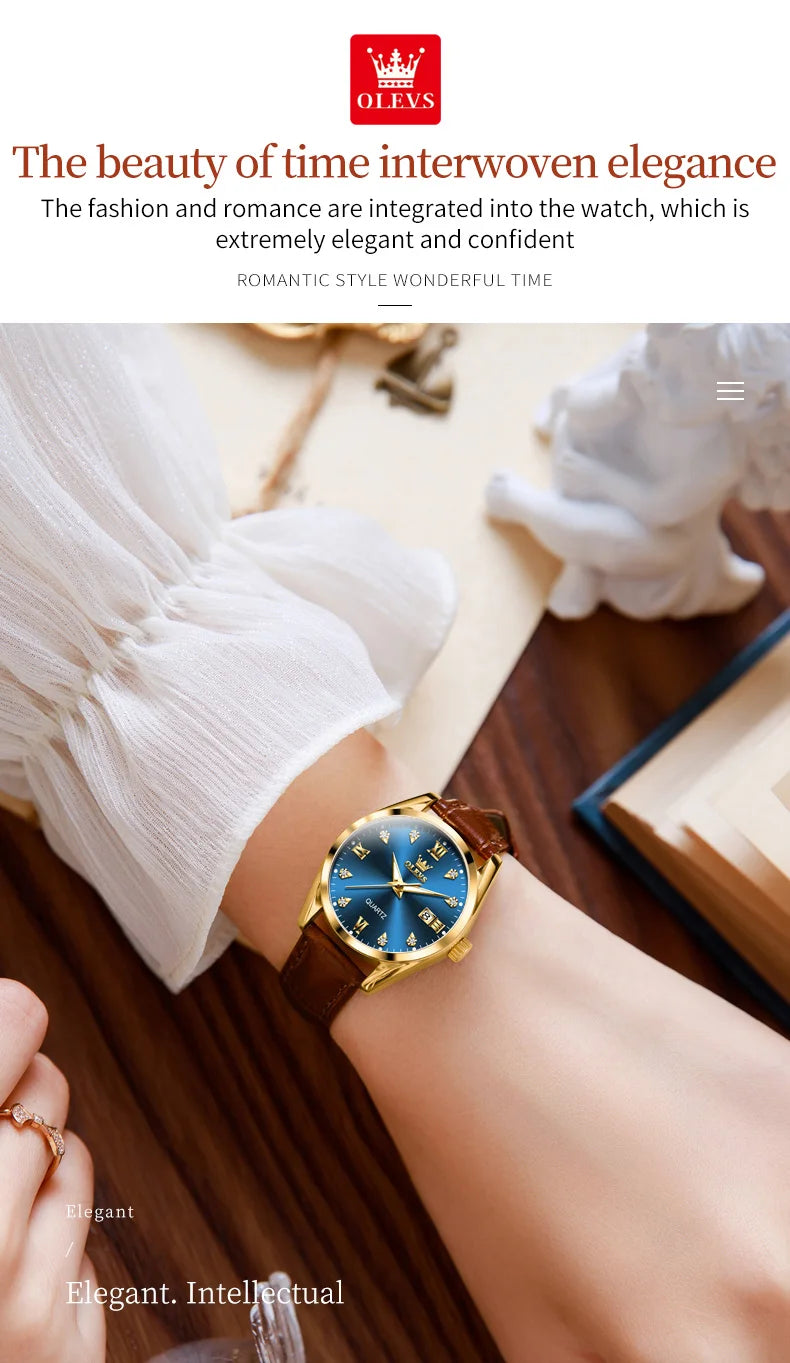 Olevs clássicos pulseira de couro relógio de quartzo para mulheres moda elegante diamante senhoras relógio à prova dwaterproof água data relógio de quartzo feminino