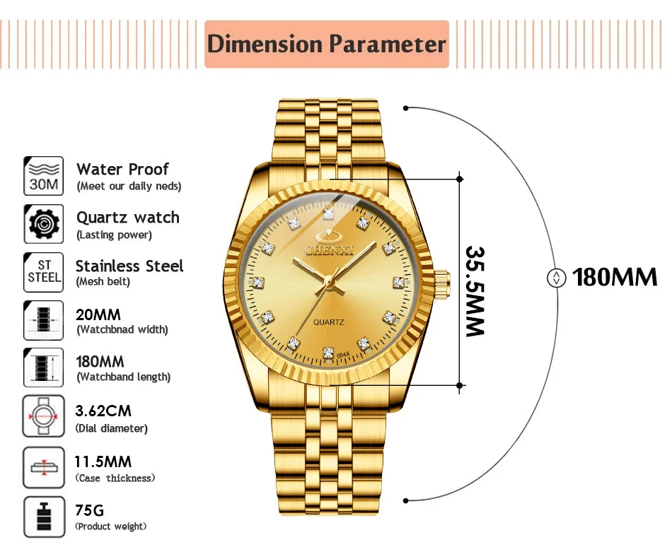 CHENXI-Relógio quartzo dourado masculino, strass, pulseira de aço inoxidável, impermeável, relógios de pulso empresariais para homens, várias cores, moda