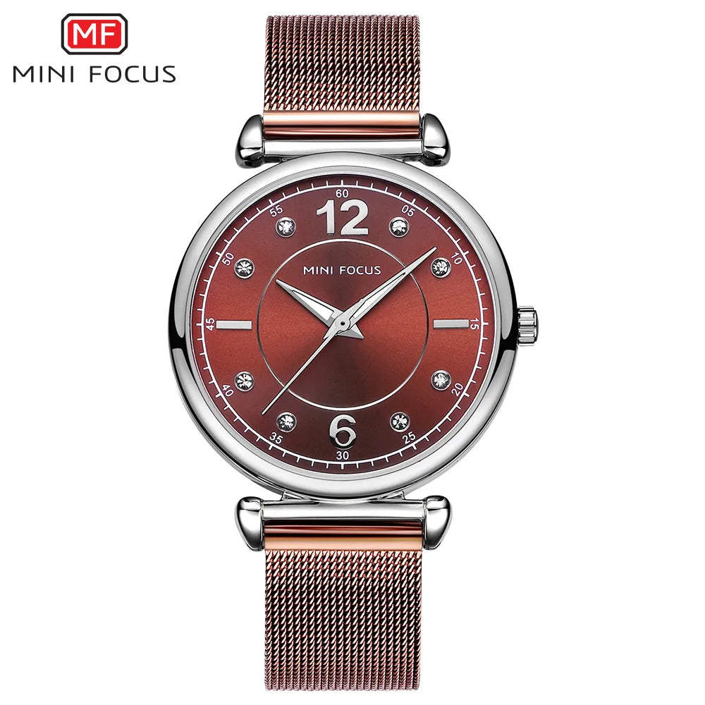 Mini foco 0177 elegante senhoras relógio de quartzo moda luminosa à prova dwaterproof água pulseira metal relógios casuais para mulher relojes de mujer