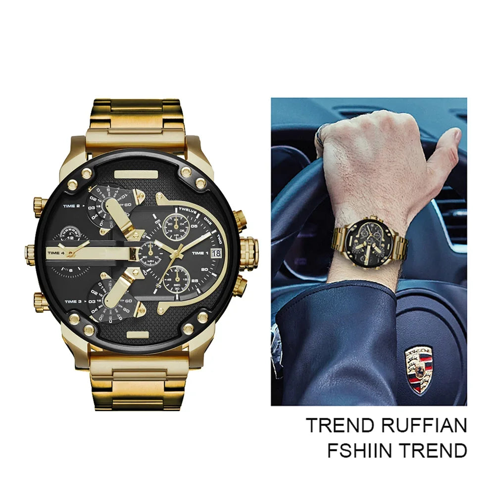 Relógio masculino luxuoso de aço inoxidável – Relógio de quartzo com mostrador analógico grande para negócios e roupas casuais – Cronógrafo esportivo à prova d'água