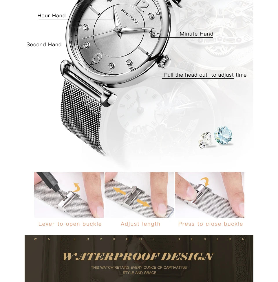Mini foco 0177 elegante senhoras relógio de quartzo moda luminosa à prova dwaterproof água pulseira metal relógios casuais para mulher relojes de mujer