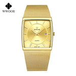 Wwoor marca superior de luxo japão movimento quartzo relógios dos homens ultra fino ouro malha aço relógio para homem quadrado à prova dwaterproof água relógio pulso