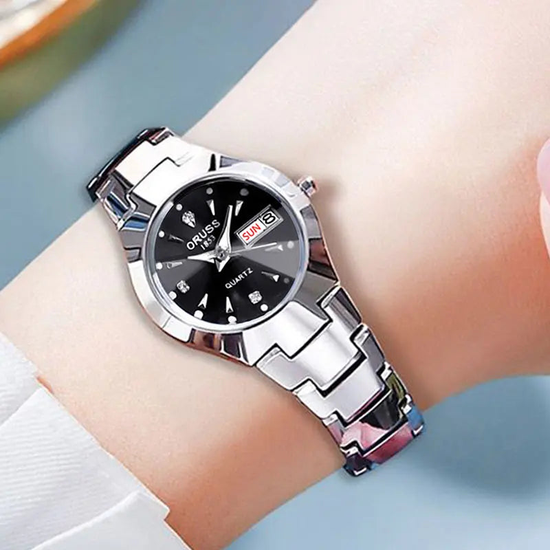 Oruss marca quente relógio feminino de alta qualidade aço inoxidável à prova dwaterproof água ponteiro luminoso semana calendário eleganc relógio quartzo feminino