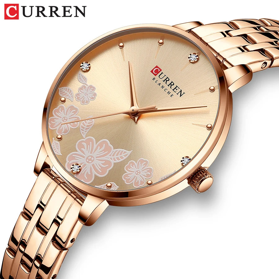 CURREN-quartzo relógios para mulheres, simples pulseira de aço inoxidável, flor Design Dial, moda