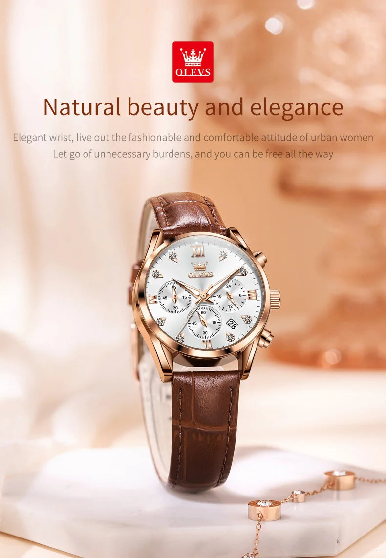 Olevs 5523 marca original relógios femininos moda à prova dwaterproof água pulseira de couro relógio de quartzo para senhora cronógrafo relógio de pulso luminoso