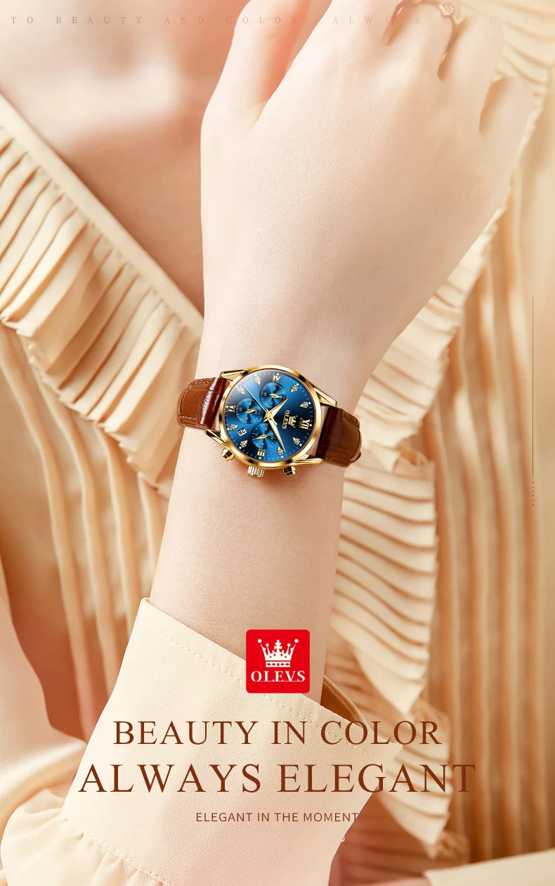 Olevs 5523 marca original relógios femininos moda à prova dwaterproof água pulseira de couro relógio de quartzo para senhora cronógrafo relógio de pulso luminoso
